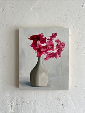 Original oil painting floral still life wood flowers vase bougainvillea signed